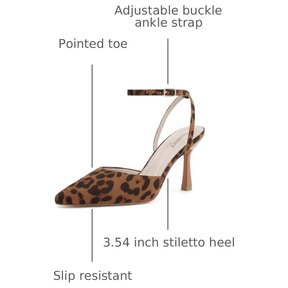 Closed Toe Ankle Strap Heels Pumps Pointed Toe Heeled Sandals Brown Leopard 7.5 - Picture 6 of 11